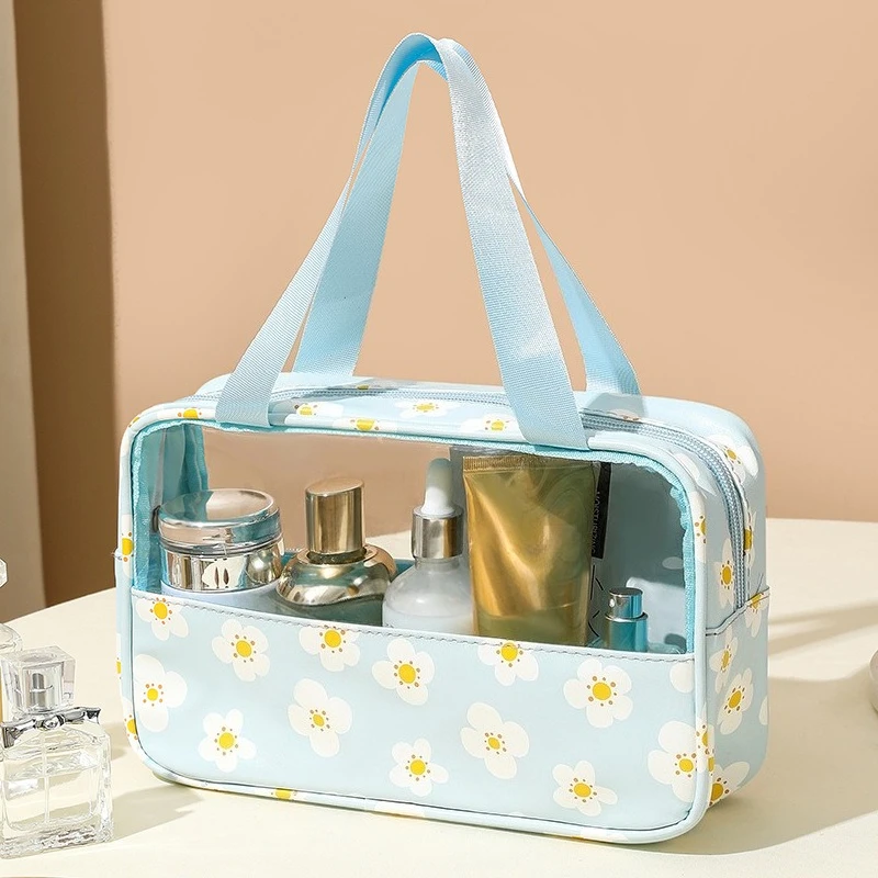 Handheld Multifunctional Solid Print Makeup Bag Waterproof Travel Toiletry Organizer Clear Window Zipper