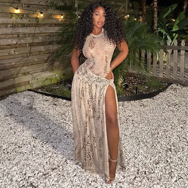

Printed Mesh 2 Piece Set Women Sexy O-neck Sleeveless Bodysuits Tops + Twist Ruched High Split Maxi Skirts Clubwear Party Suits