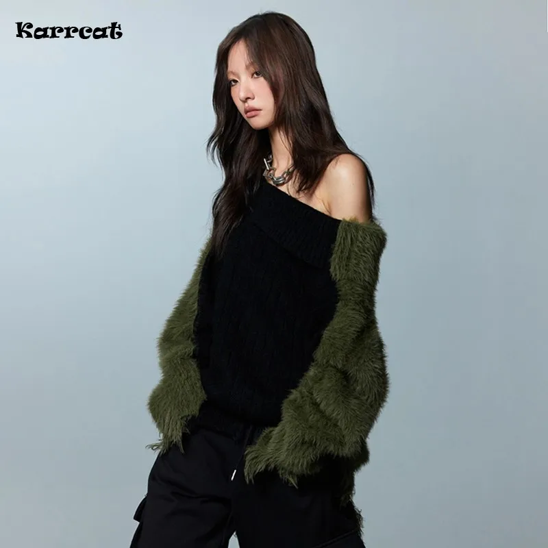 

Karrcat Grunge Aesthetics Distressed Sweater Vintage Off Shoulder Knitted Pullover Korean Fashion Irregular Patchwork Knitwear