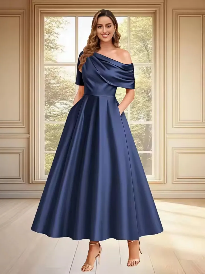 Satin A-line Tea Length  Formal Evening Dress One Shoulder Party Prom Gowns Elegant Mother of the Bride Groom Dress Customized