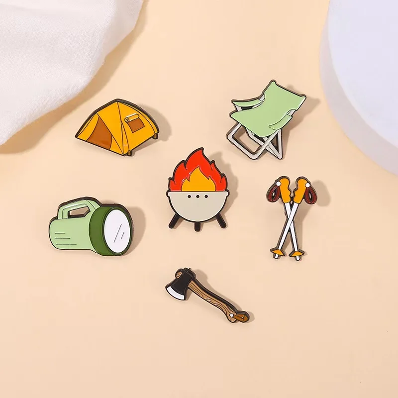 Wholesale Price Camping Enamel Pins Custom Tent Trekking Poles Bonfire Brooches Lapel Badges Adventure Jewelry Gifts for Friends