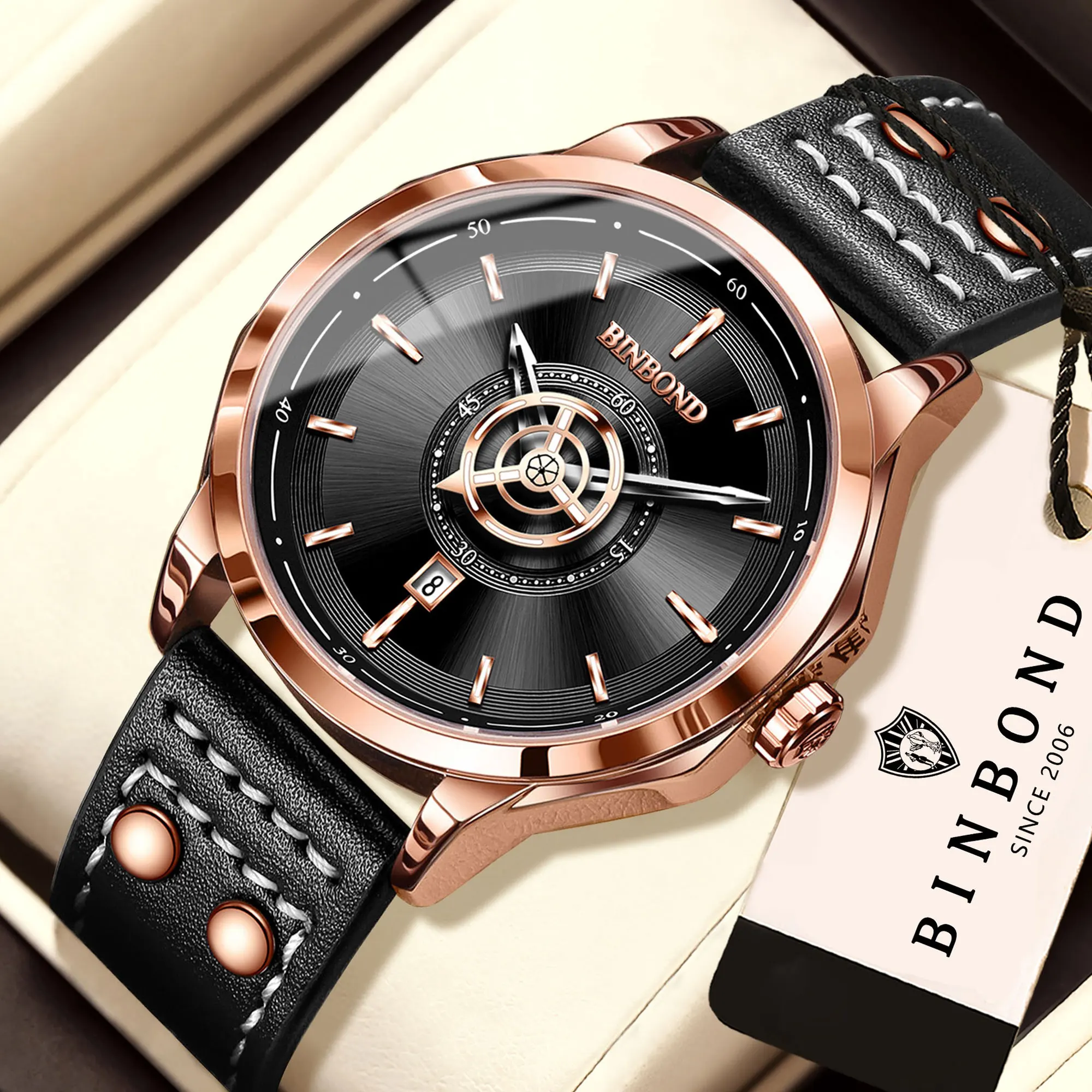 BINBOND Original Auto Date Leather Men's Watch Luxury Reloj Luminous Waterproof Relojes Quartz Wristwatches For Men +Box