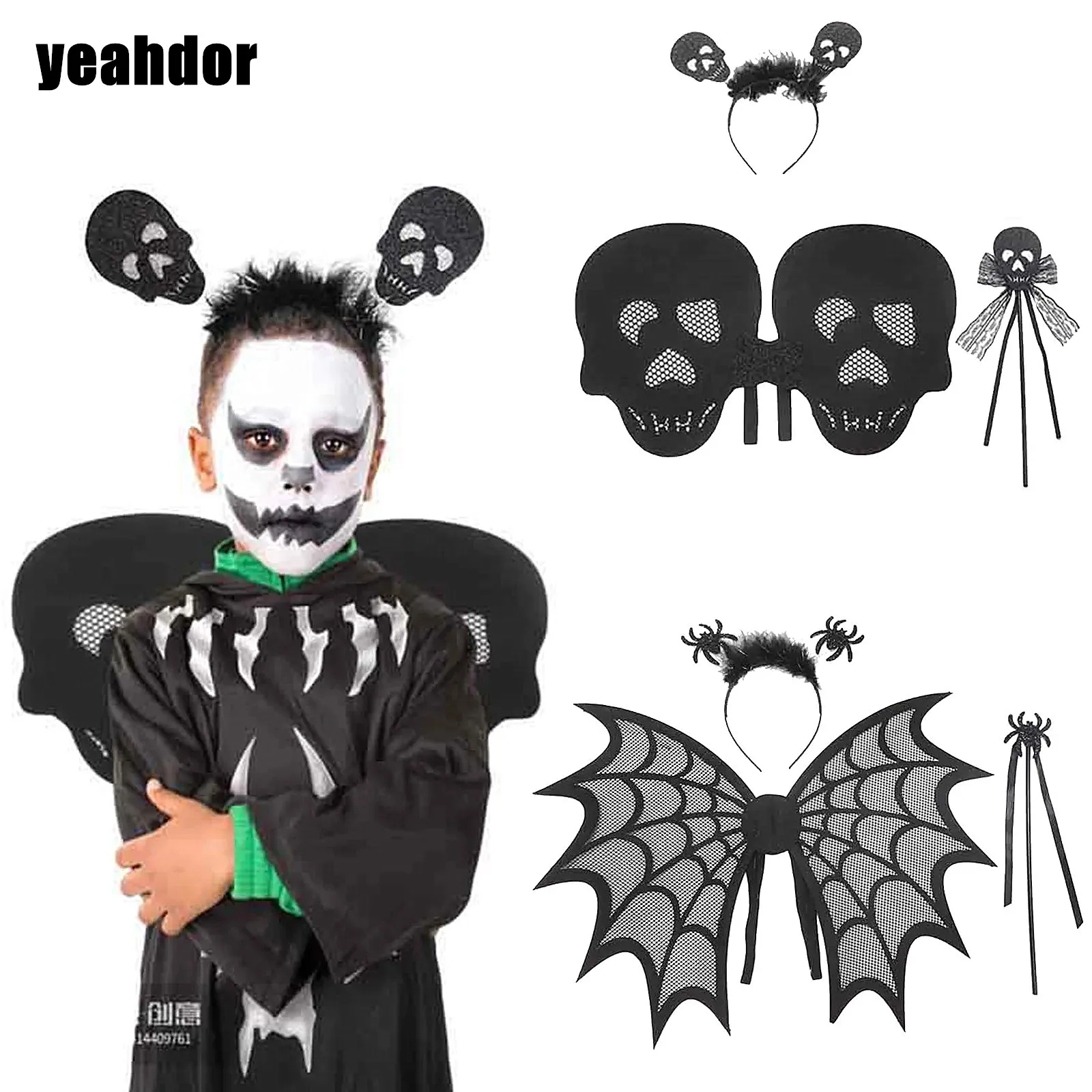 

Kids Unisex Halloween Costume Set Spider Skeleton Head Spider Net Hair Hoop Magic Wand And Wings Accessories for Carnival Party