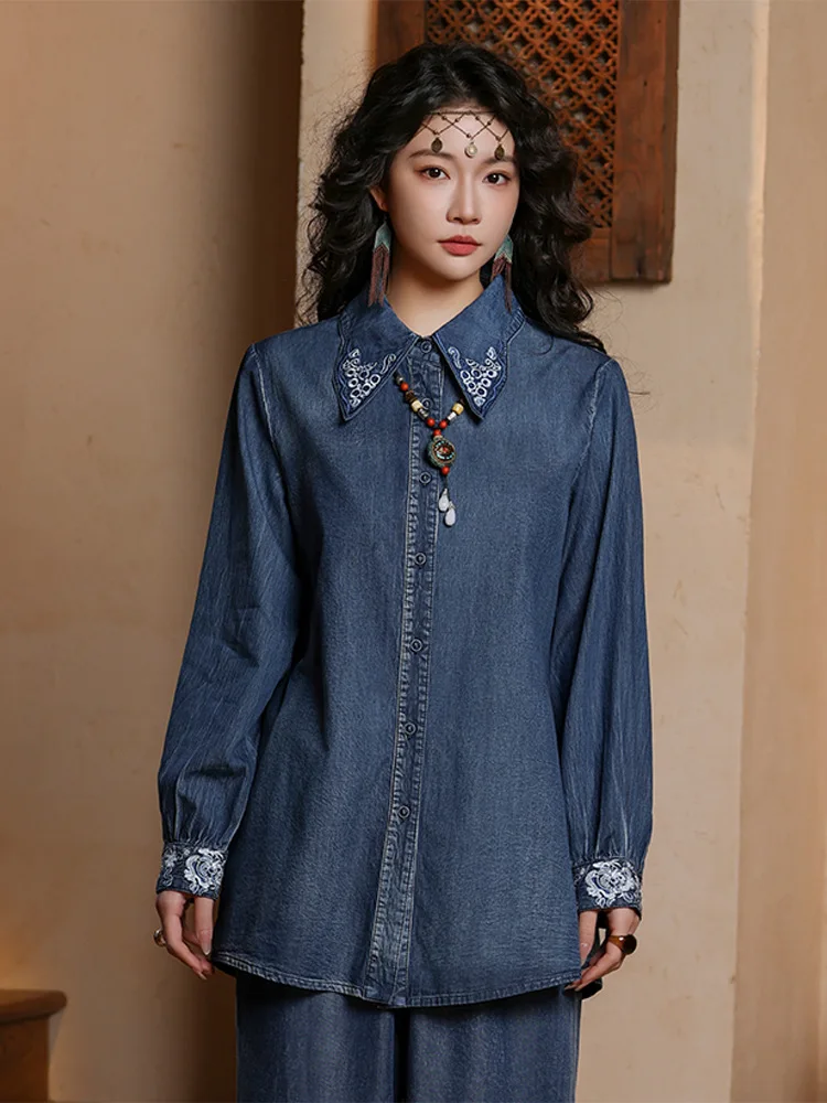 TIYIHAILEY Cotton Denim Women Full Sleeve Blouses Topsd Vintage Single Breasted Embroidery Shirts 2025 Spring Fashion Chinese