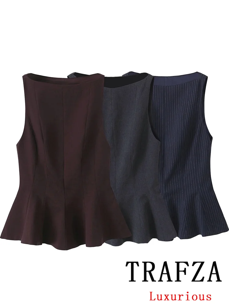 TRAFZA-T-Shirts Vintage Chic pour Femme, Col Rond, Solide, Fermeture Éclair, Haut Tierred, Nouvelle Mode, Printemps, Été, Vacances, 2025