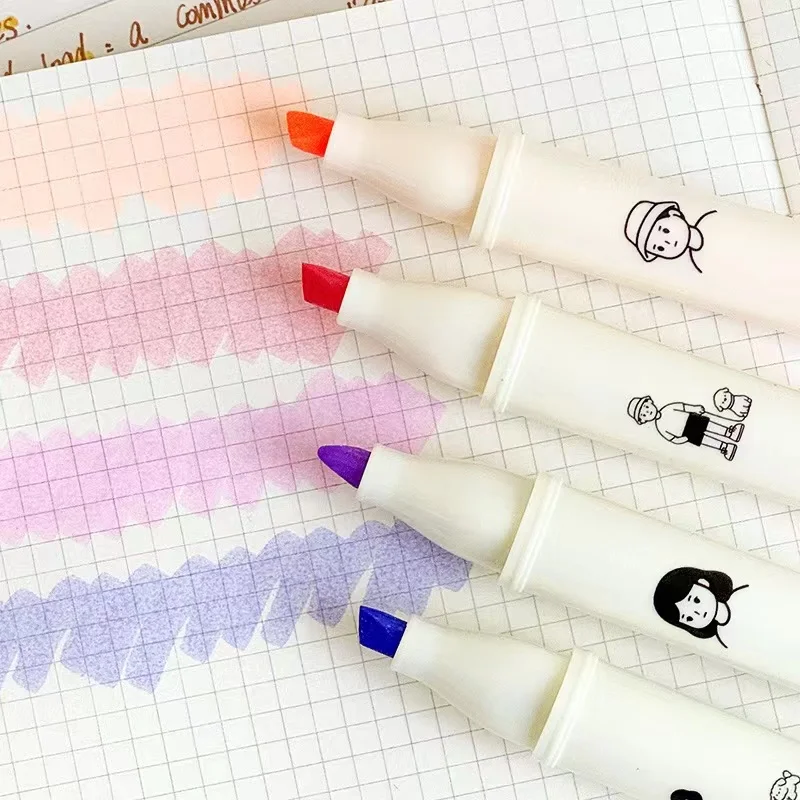 4Pcs/Set Cartoon Highlighter Fluorescent Marker Pen Student Art Drawing Doodling Marking School Office Kawaii Stationery