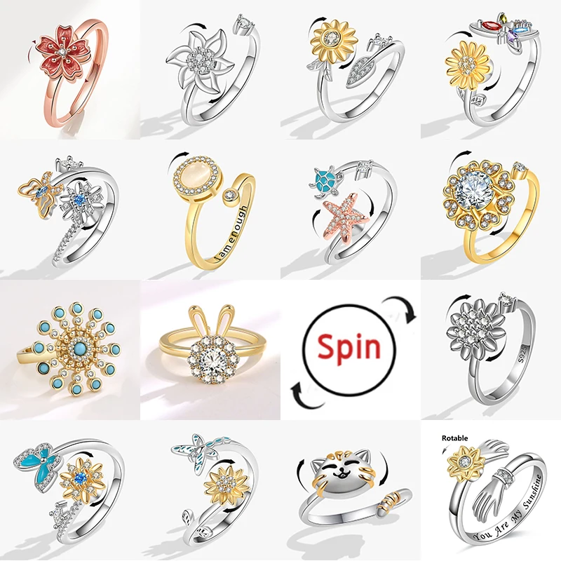 SMJEL Fashion Cherry Blossom Anxiety Ring Fidget Spinner Rings for Women Cute Cat Bee Bunny Butterfly Rotating Ring Wedding Gift