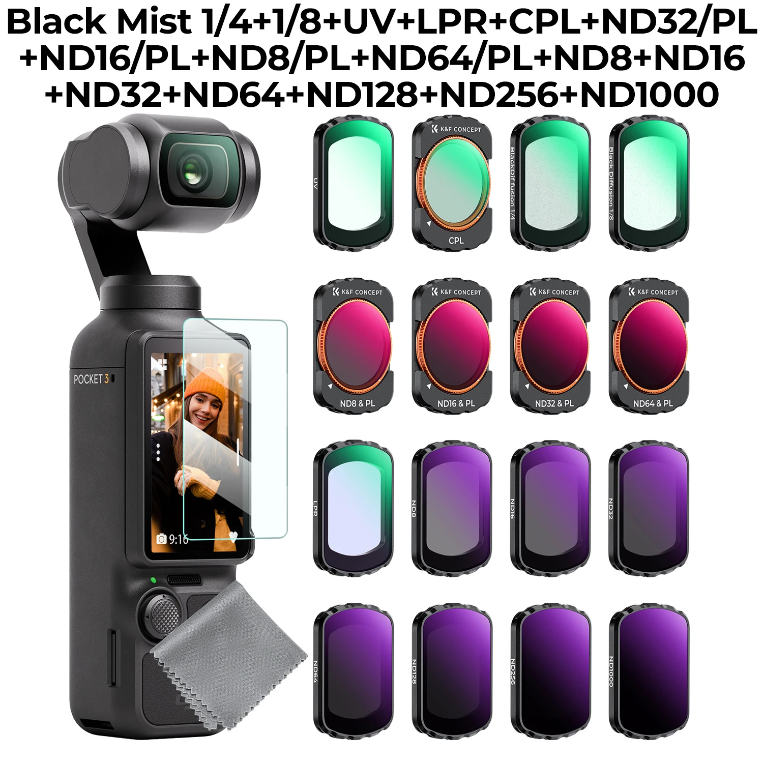 K&F CONCEPT Sport Effect Filter voor DJI Osmo Pocket 3 UV CPL ND ND/PL Black Mist 1/2 1/4 1/8 LPR Star 1.2X Groothoekfilterset