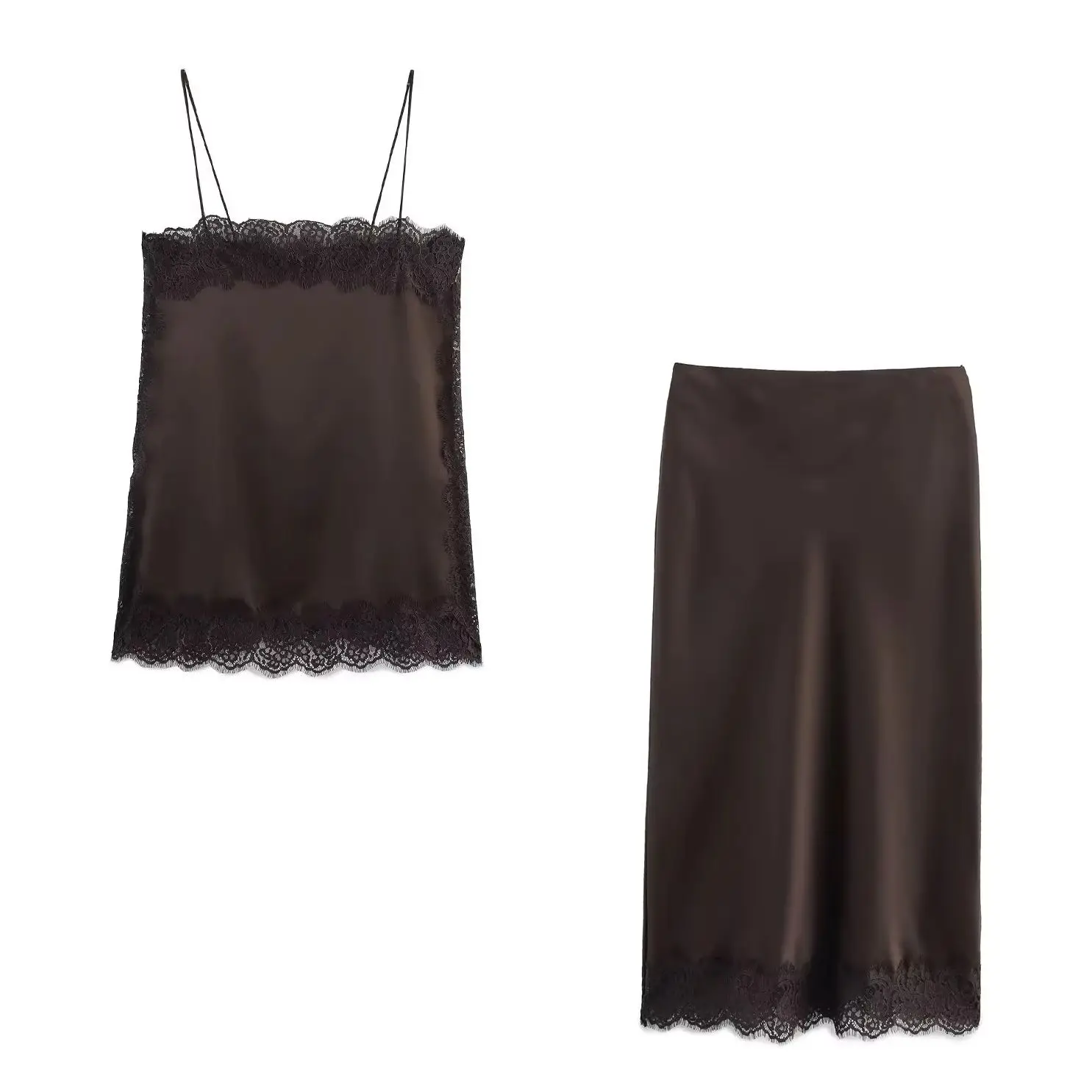 

KONDALA Chic 2025 Lace Brown Woman Suit Camisloe Slim Vest+Zipper Draped Long Skirt Fashion Sexy Night Club Sheath Female Sets