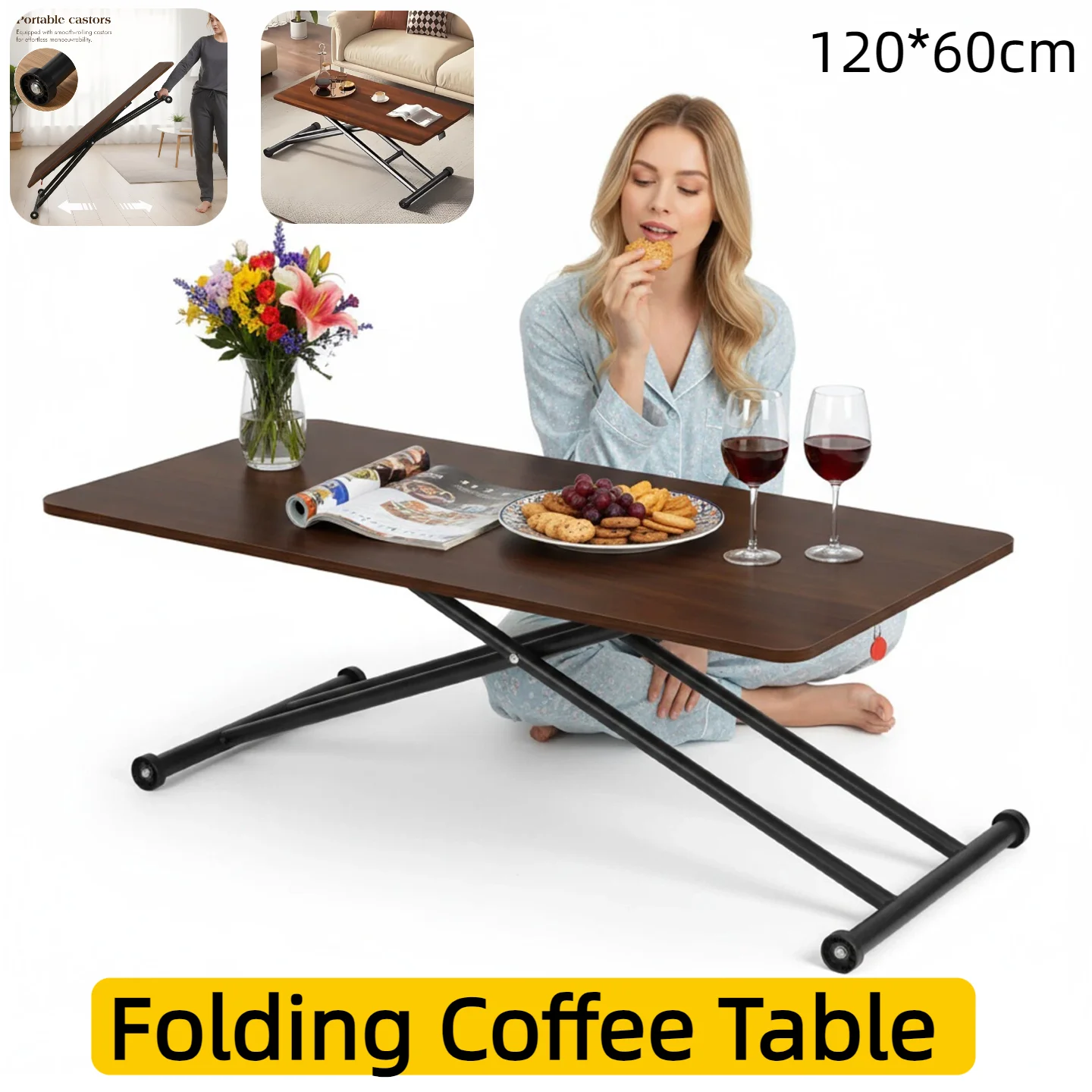 롤러가 있는 접이식 커피 테이블 휴대용 바닥 책상 높이 조절 가능한 목재 모던 커피 테이블 거실용 120*60cm