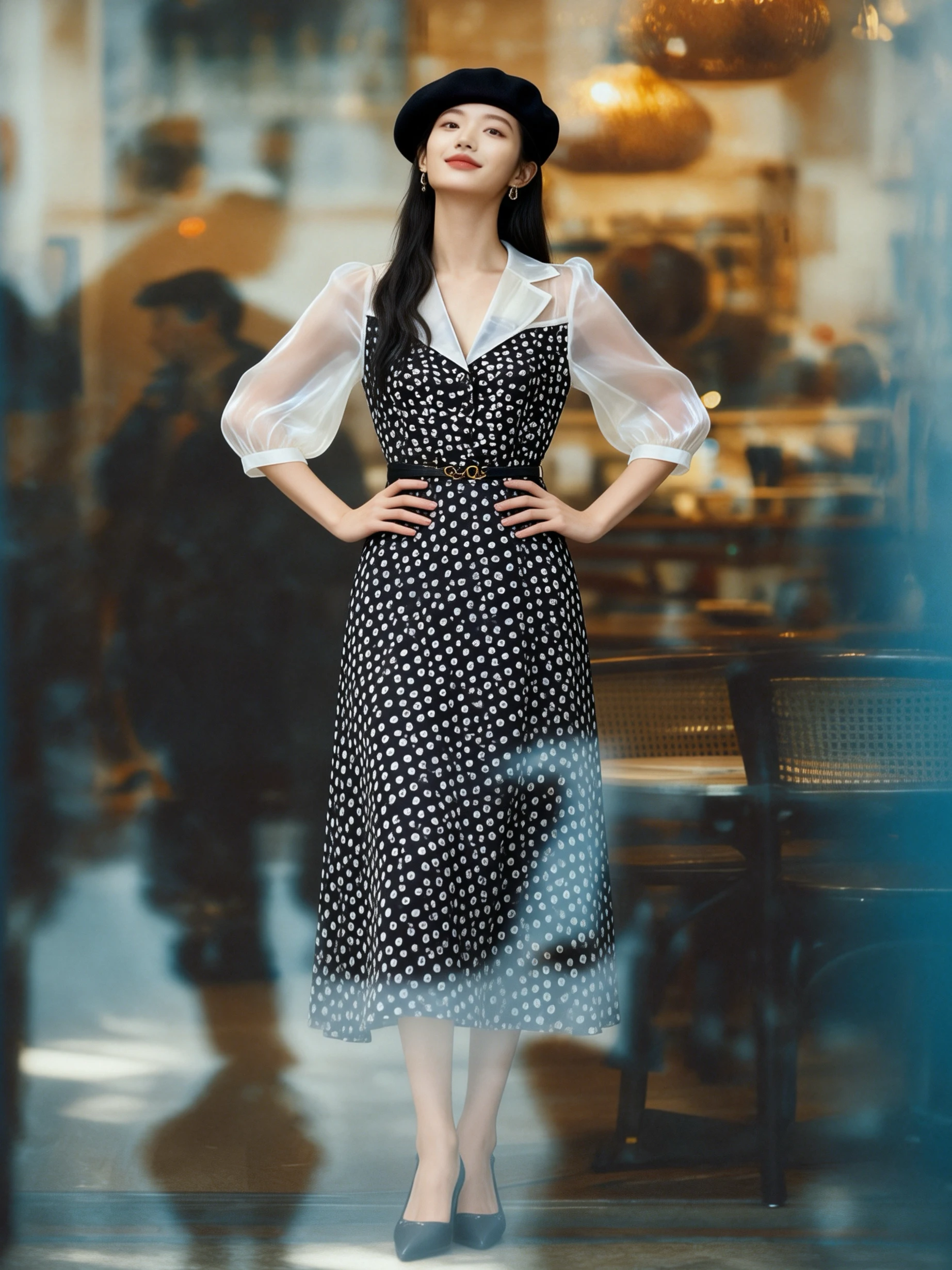 

Ele Bla irt Dr with Stand Collar Waist-Cinching Hepburn Sle Long Sve Polyester Fiber Spring Autumn Wear