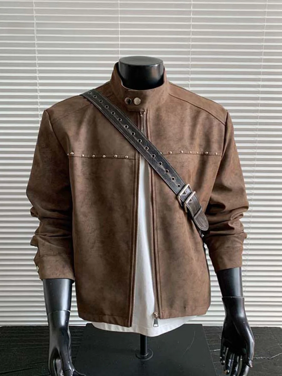 

Retro American Rivet Collar PU Leather Jaet Men's Autumn High-End Feeling Cool Flight Workwear Harrington Jaet