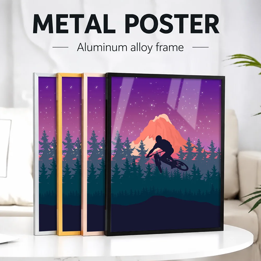 Mountain Biker Sunset Landscape Framed Metal Print Customized Photo Dreamy Panorama Style Wall Art For Entryway Collector Gift