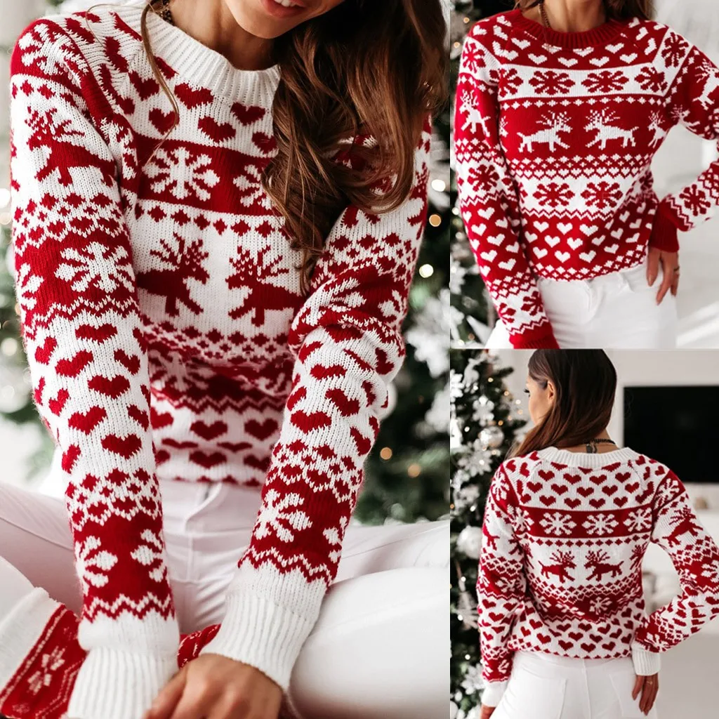 2024 New Winter Christmas Sweater For Women Xmas Moose Print Long Sleeve Y2k Clothes Warm Thicken Jumpers Pullover Tops Knitwear