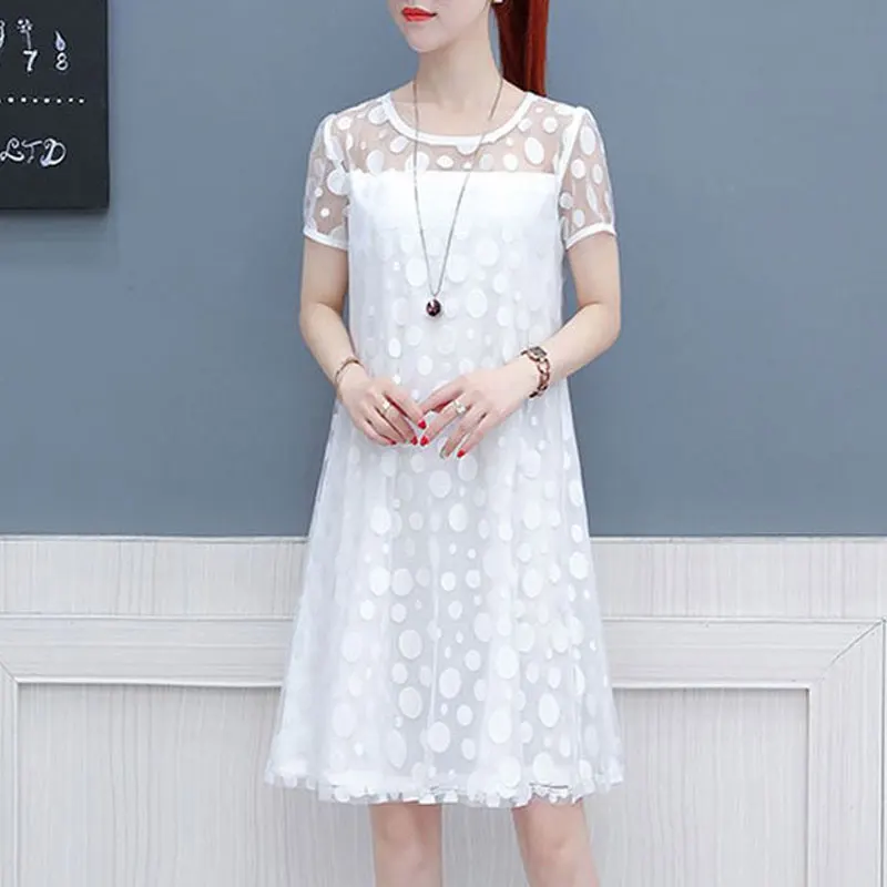 

Commute Polka Dot Gauze Midi Dress Summer O-Neck Stylish Hollow Out Female Clothing Elegant A-Line Waist Short Sleeve Dresses