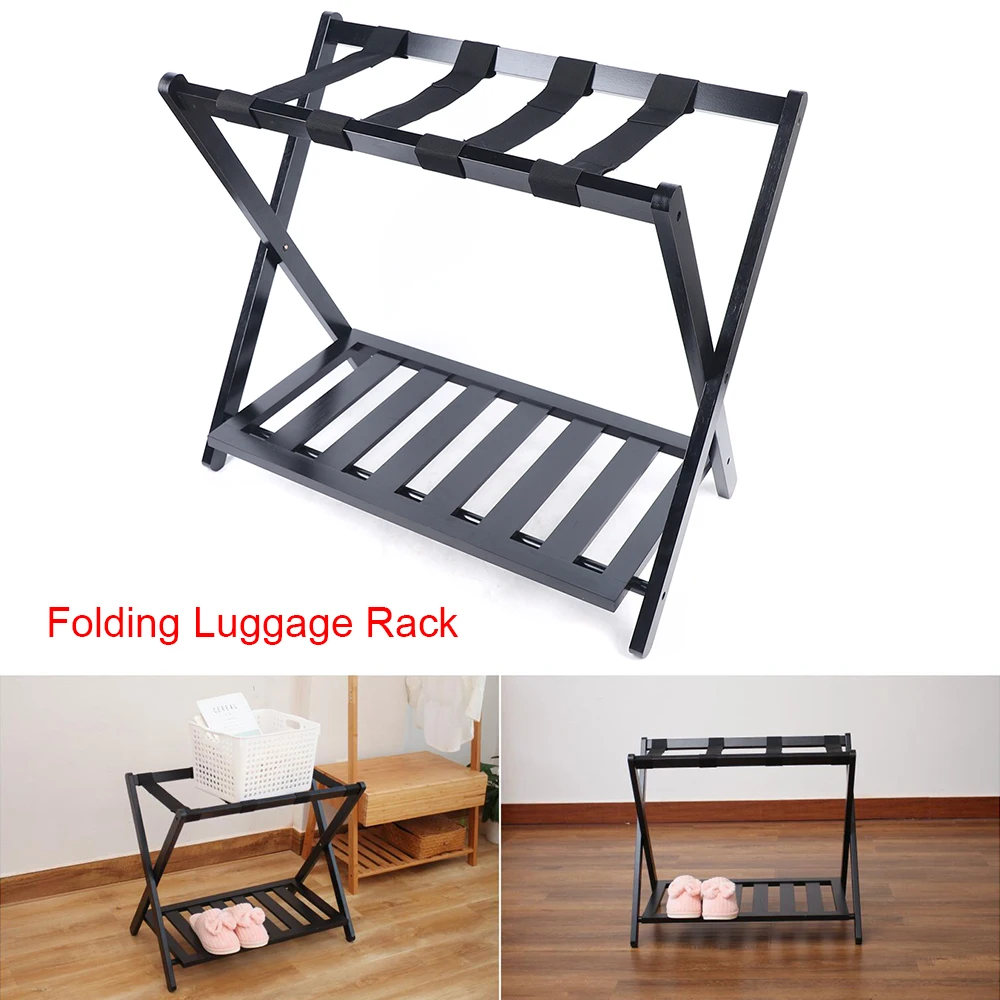 Black Luggage Rack Folding Suitcase Stand with Shoe Shelf 2 Tier Luggage Stand for Guest Room Bedroom Living Room Hotel