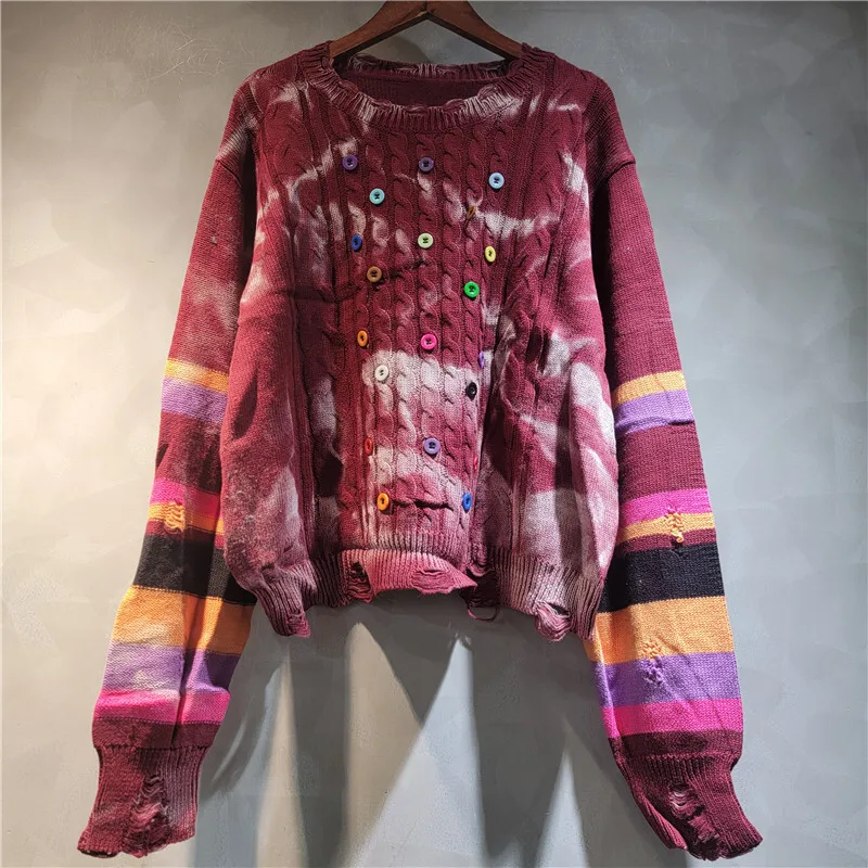 WTHT mode nouveau femmes épissé paillettes dégradé rayé tricot pull 2025 été col rond manches longues pulls femme 1LS2143