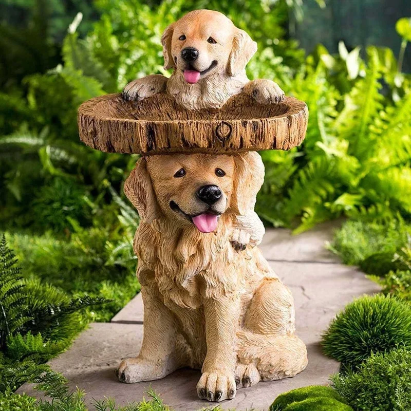 Playful Garden Dog Statues Puppy Outdoor Bird Bath Feeder Polyresin Birdbath Home Yard Animal Sculptures Decor 10*9*21