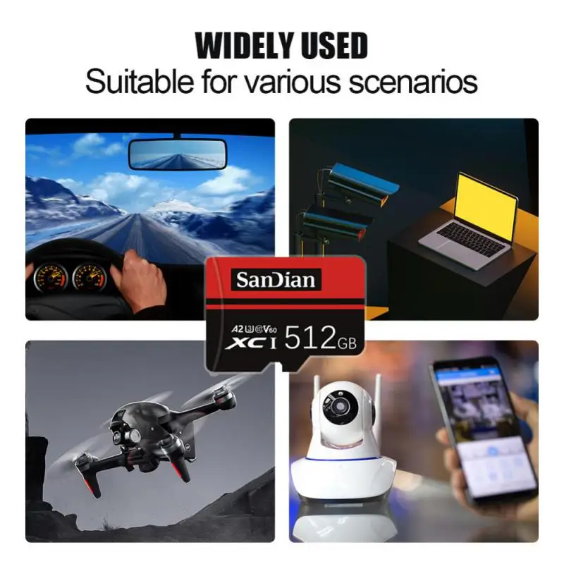 SANDIAN-Cartão de Memória de Alta Velocidade para Telefone e Câmera, Micro TF Flash Card, 2TB, 1TB, 512GB, 256GB, 64GB, 128GB, Adaptador Grátis