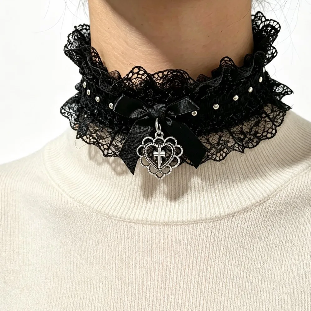 Gothic-Halsband aus schwarzer Spitze mit Schleifen- und Kreuzanhänger, Vintage-Y2K-Halskette mit Gummiband für Mädchen, Punk-Lolita-Cosplay-Kragen-Schmuck. – Detail 7