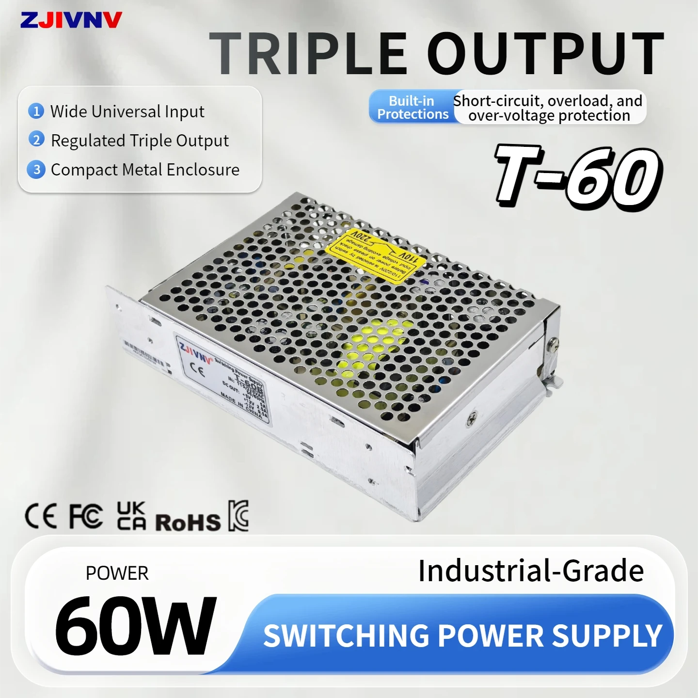 AC-DC ±5V ±12V ±15V ±24V Triple Output 60W Switching Power Supply T-60 Multiple Output SMPS Industrial Power Adapter CE ROHS KC