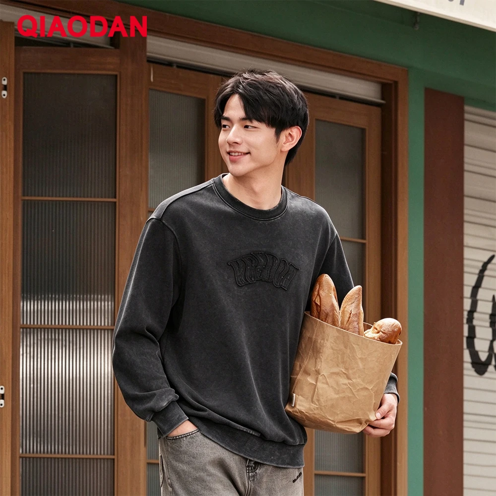 QIAODAN Men's Crewneck Sweatshirt 2026 Autumn Loose Breathable Pullover Retro Washed Street Basketball Casual Top QXAWD3253051