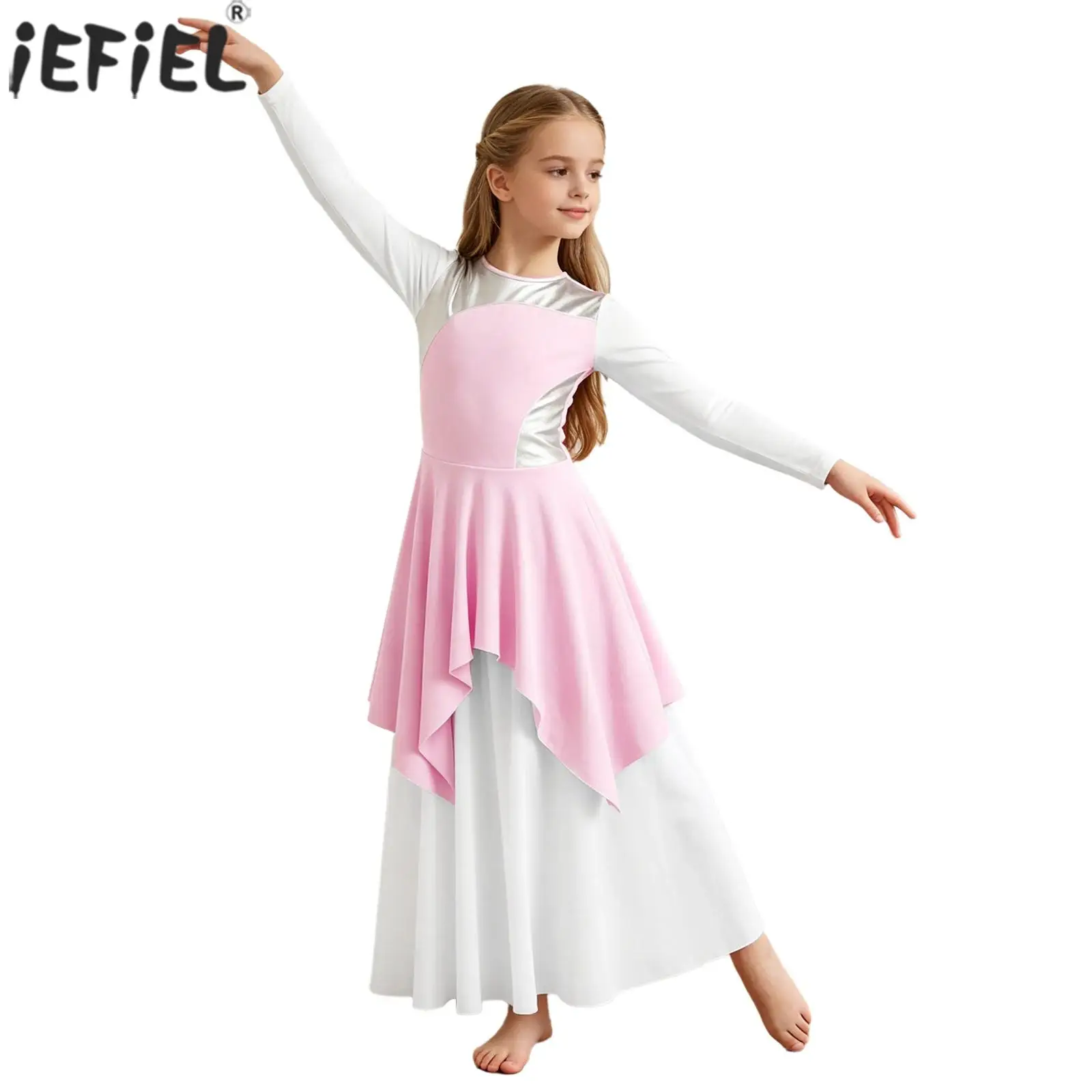 Kids Girls Praise Liturgical Worship Dance Dress Church Choir Lyrical Contemporary Dancewear Long Sleeve Metallic Tunic Gown
