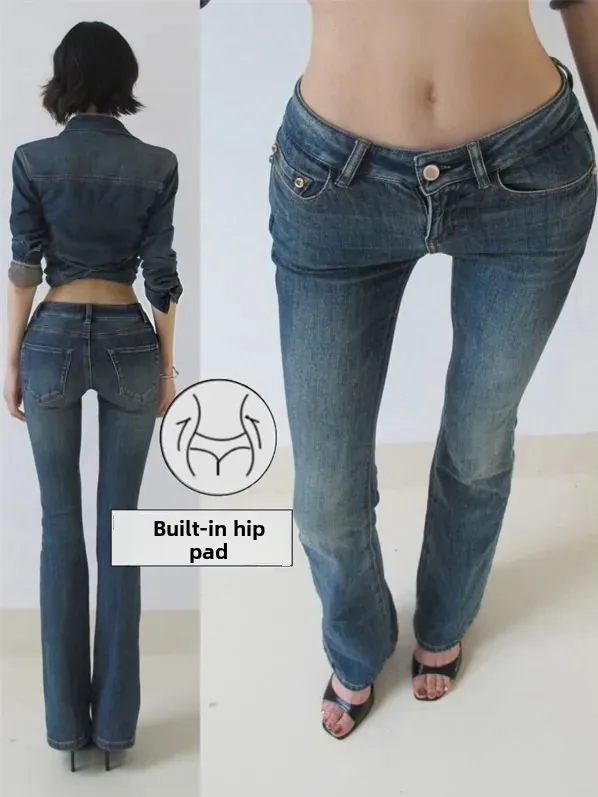 Low Waist Bell Bottom Denim Jeans Women's Fall New Slimming Long Pants with Hip Pad Vintage Style Straight Leg mid Stretch