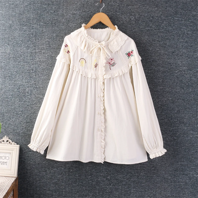 

New Autumn Japanese Sweet Mori Girl Ruffles Embroidery Collar Shirt Women Long Sleeve Casual Loose Cotton Blouse Blusas Tops