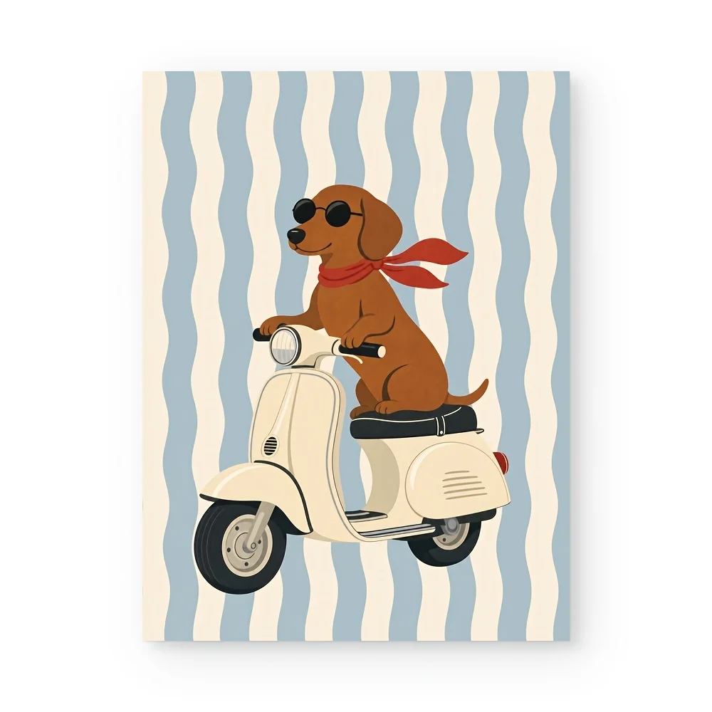 (No frame)2D Flat, 2D Flat, 2D Flat Cute Dachshund Riding a Scooter Poster - Vintage Vertical Wall Art Print, Suitable for Ro
