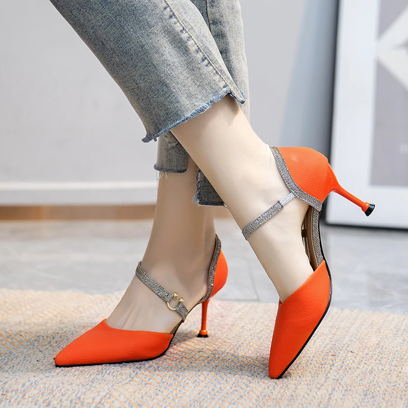 Rimocy Mix Color Ankle Strap High Heels Shoes Women Pu Leather Thin Heeled Pumps Woman 2024 New Shining Patchwork Party Shoes