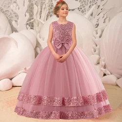 Sequin Girls Wedding Party Long Dress Teen Bow Evening Princess Gown Elegant Kids Bridesmaid Dresses Children Holiday Costumes