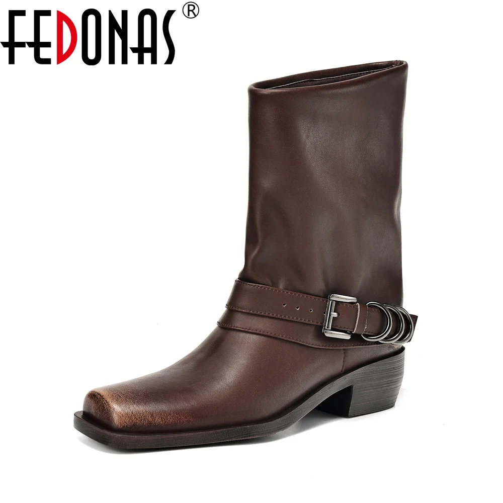 

FEDONAS Fashion Punk Women Mid-calf Boots Buckles Sexy Motorcycle Boots Thick High Heels Warm High Shoes Woman Square Toe Boots