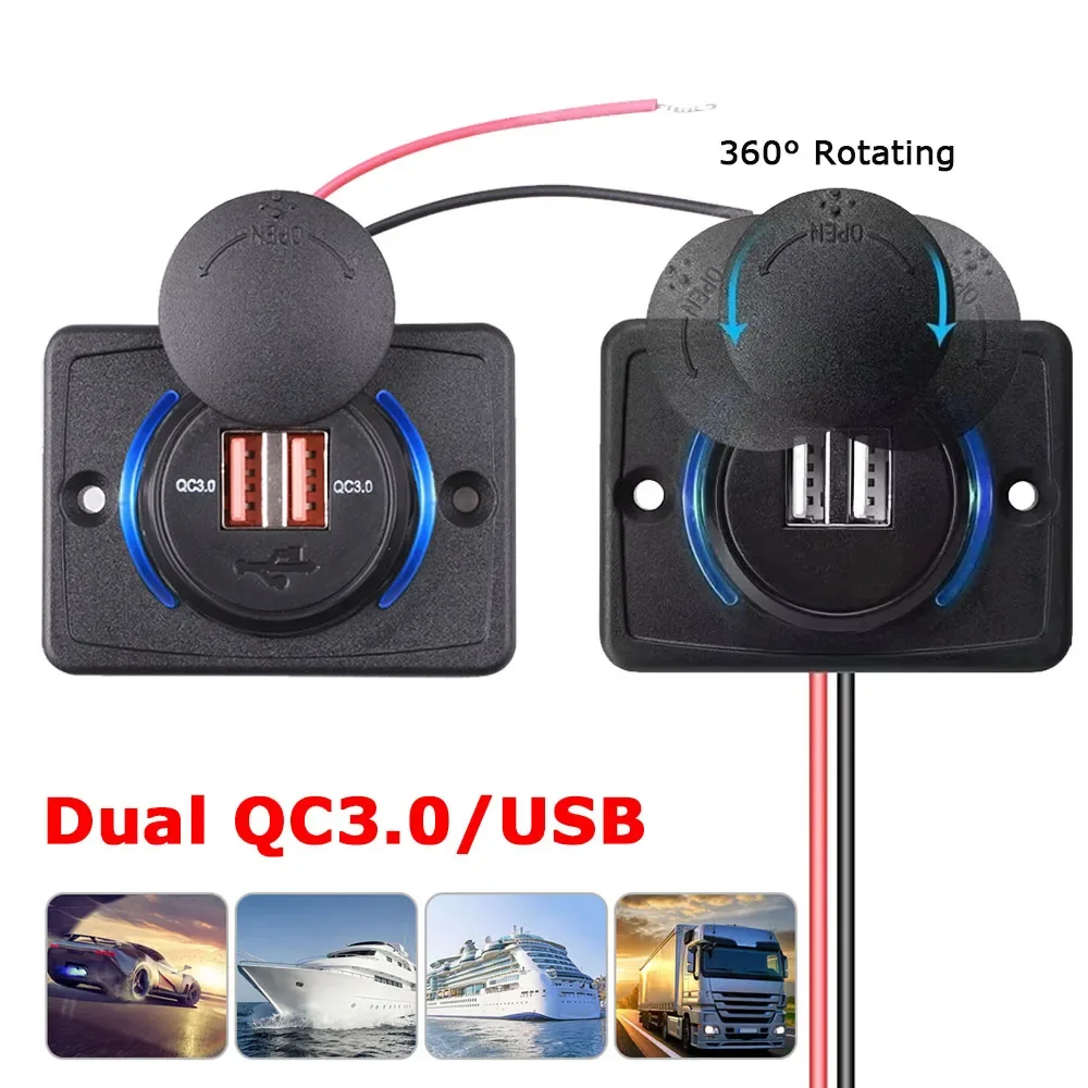 Dual QC 3.0 USB-Autoladegerät-Buchse, Schnellladung mit Schiebekappe, 36 W, Schnellladegerät, Steckdose, 12 V/24 V, für Auto, Boot, Bus, Wohnmobil, Boot