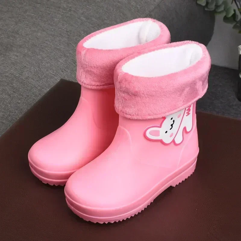 New Kids Rain Boots Cartoon Non-slip Waterproof Rain Shoes Mid-calf Removable Cotton Core Warm Children Students Rain Water Shoe