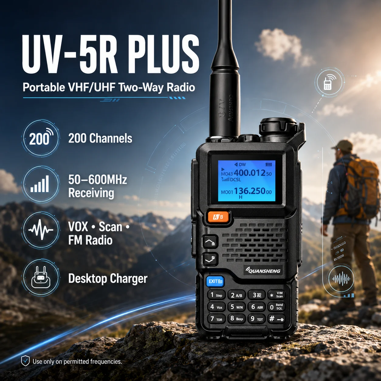 QUANSHENG 5RPLUS Air Band Walkie Talkie Wireless Copy Frequency Meter Type-C Charging NOAA Multi-Band Portable Two Way Radio UV