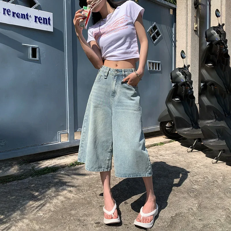 

Джинсовые прямые брюки на пуговицах с высокой талией, уличная одежда, широкие джинсы, винтажные синие джинсы, длинные брюки Y2k, рабочие летние синие джинсы, капри