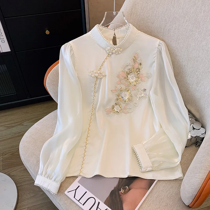 women's Retro button up long sleeved shirt spring 2024  embroidered beaded chinese style elegant slimming Shirt Top