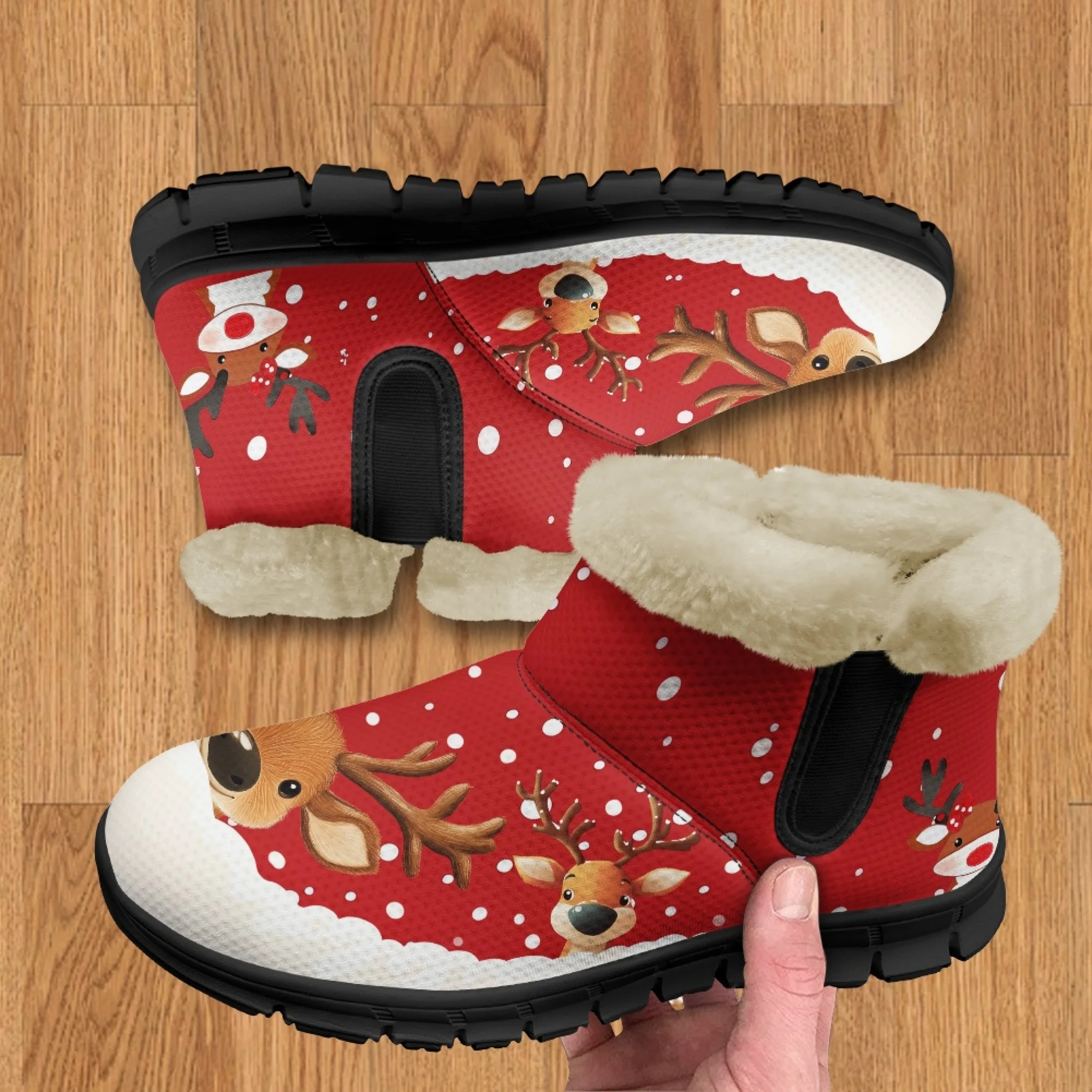 Instantart sepatu bot salju untuk wanita, sepatu bot salju Motif rusa Natal lucu, sepatu bot kasual pendek empuk nyaman, sepatu hangat merah musim dingin untuk wanita