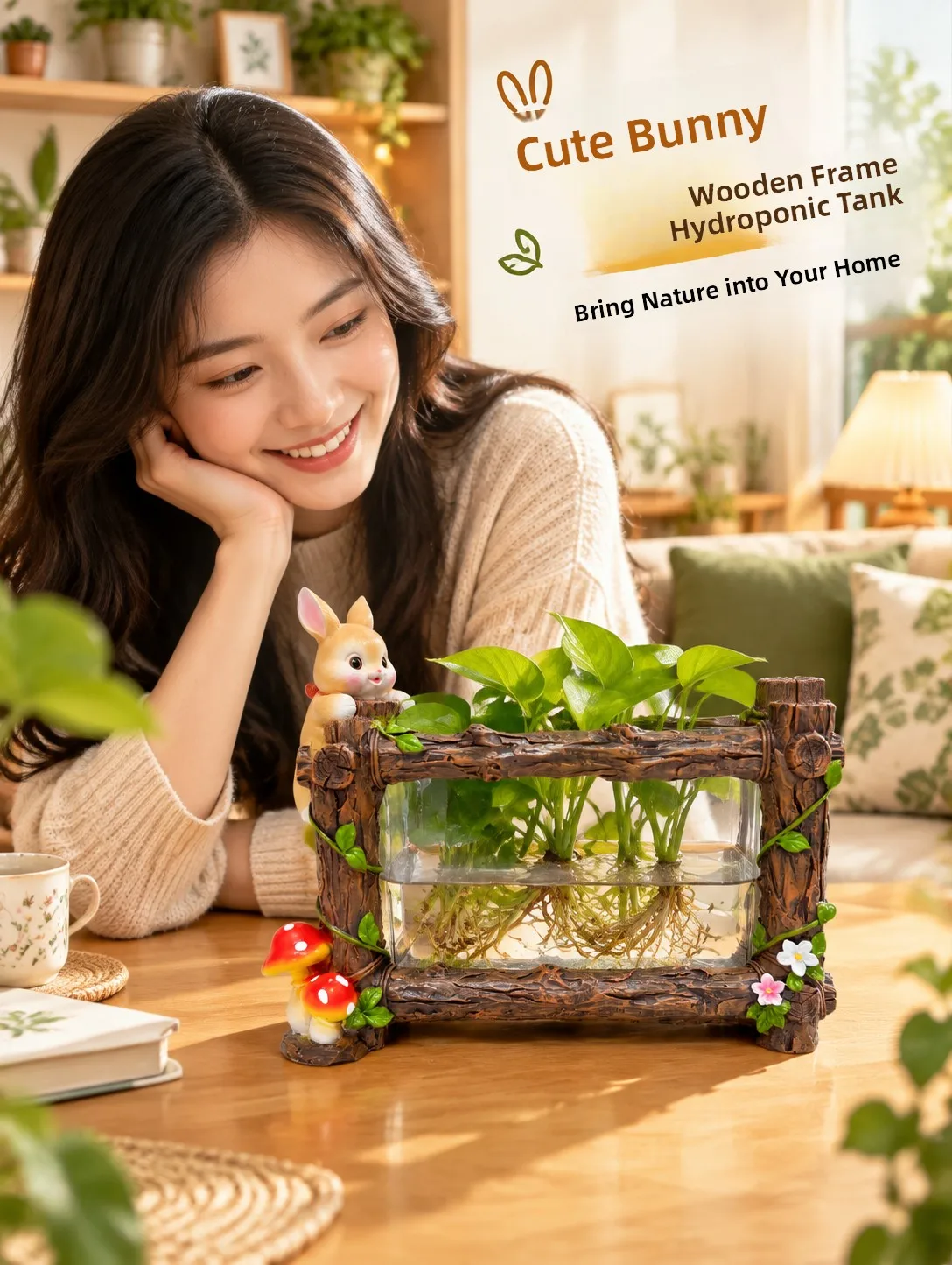 Home Garden Water Cultivation Flower Pot Rabbit Design Square Transparent Resin Plant Pots for Green Ivy Balcony Decor