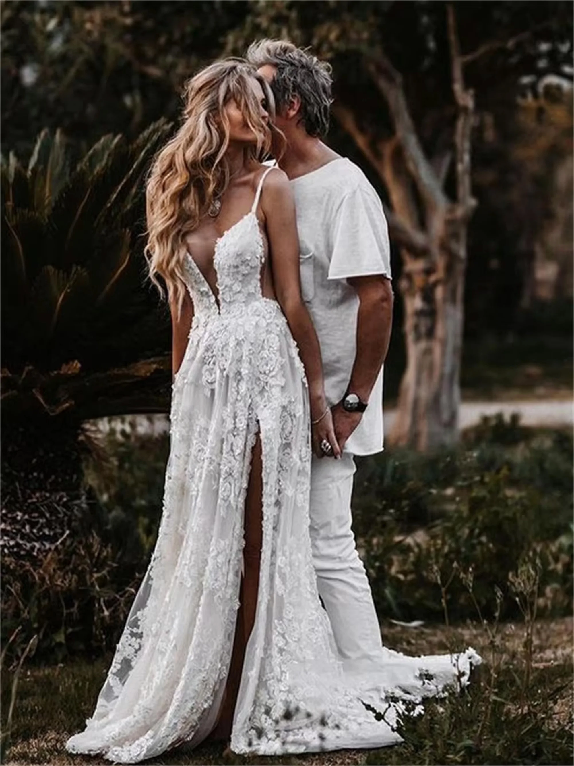 فستان زفاف من الدانتيل من RODDRSYA بدون أكتاف على شكل حرف a من الساتان فساتين العروس رداء De Mariée أنيق بفتحة جانبية بدون حمالات سويب تراين