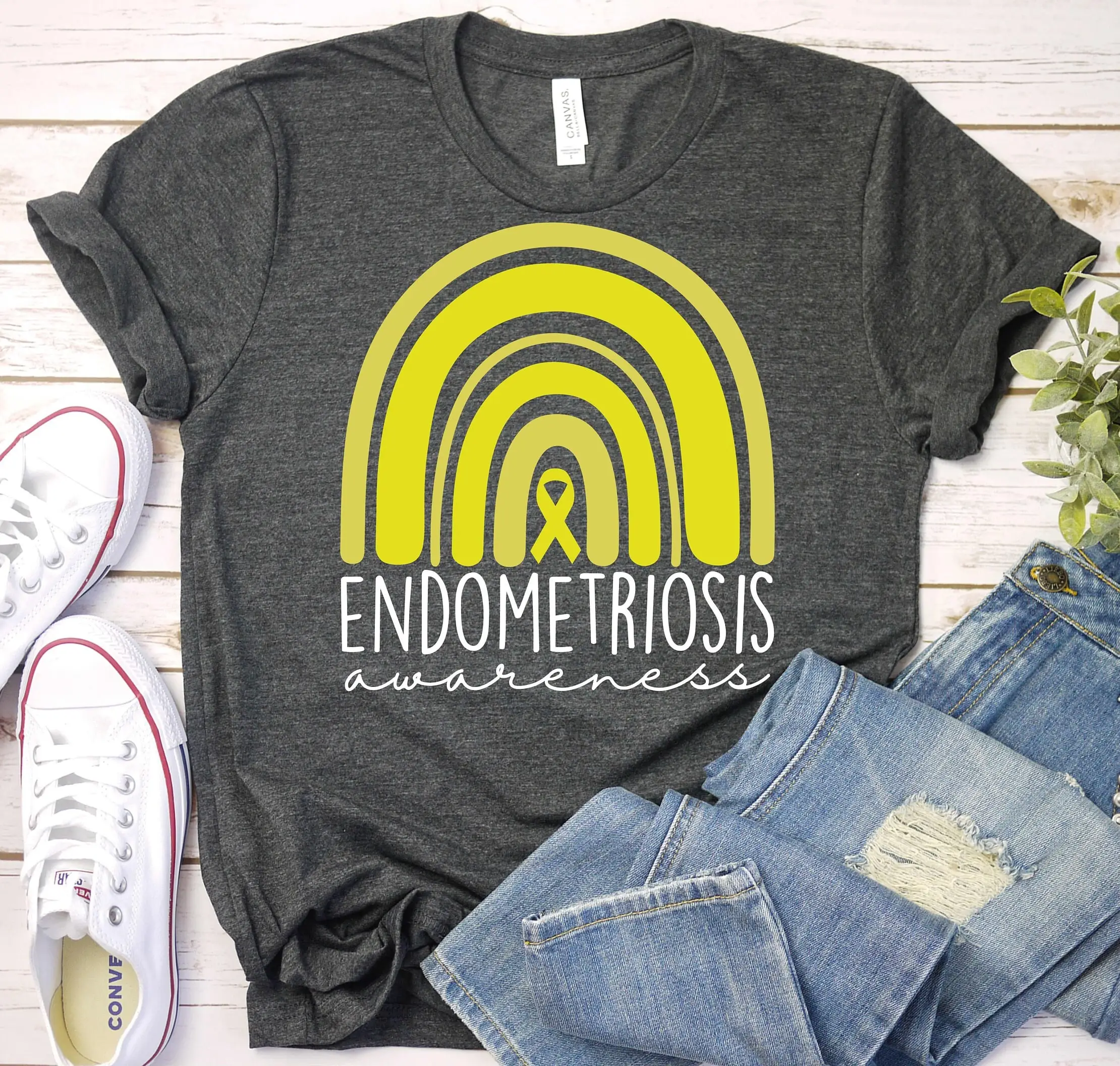 Endometriosis Awareness T Shirt Support Yellow Rainbow Ribbon Endo Surgery Pcos