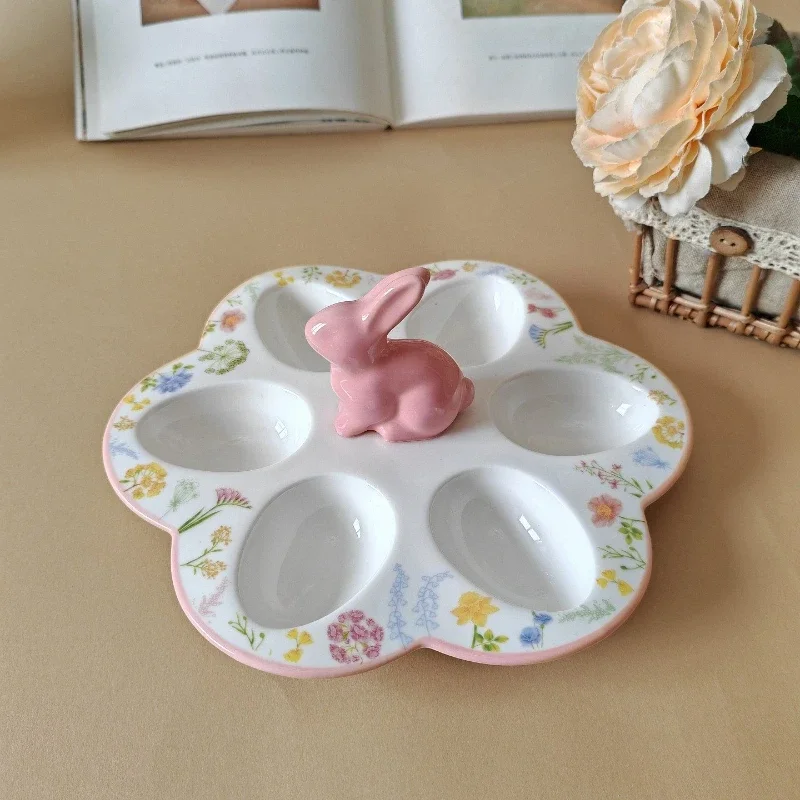 Ceramic Rabbit Deviled Egg Tray White Egg Platter for Party Farmhouse Ceramic Tableware Hot Pot Balls Cute Rabbit Egg Holder