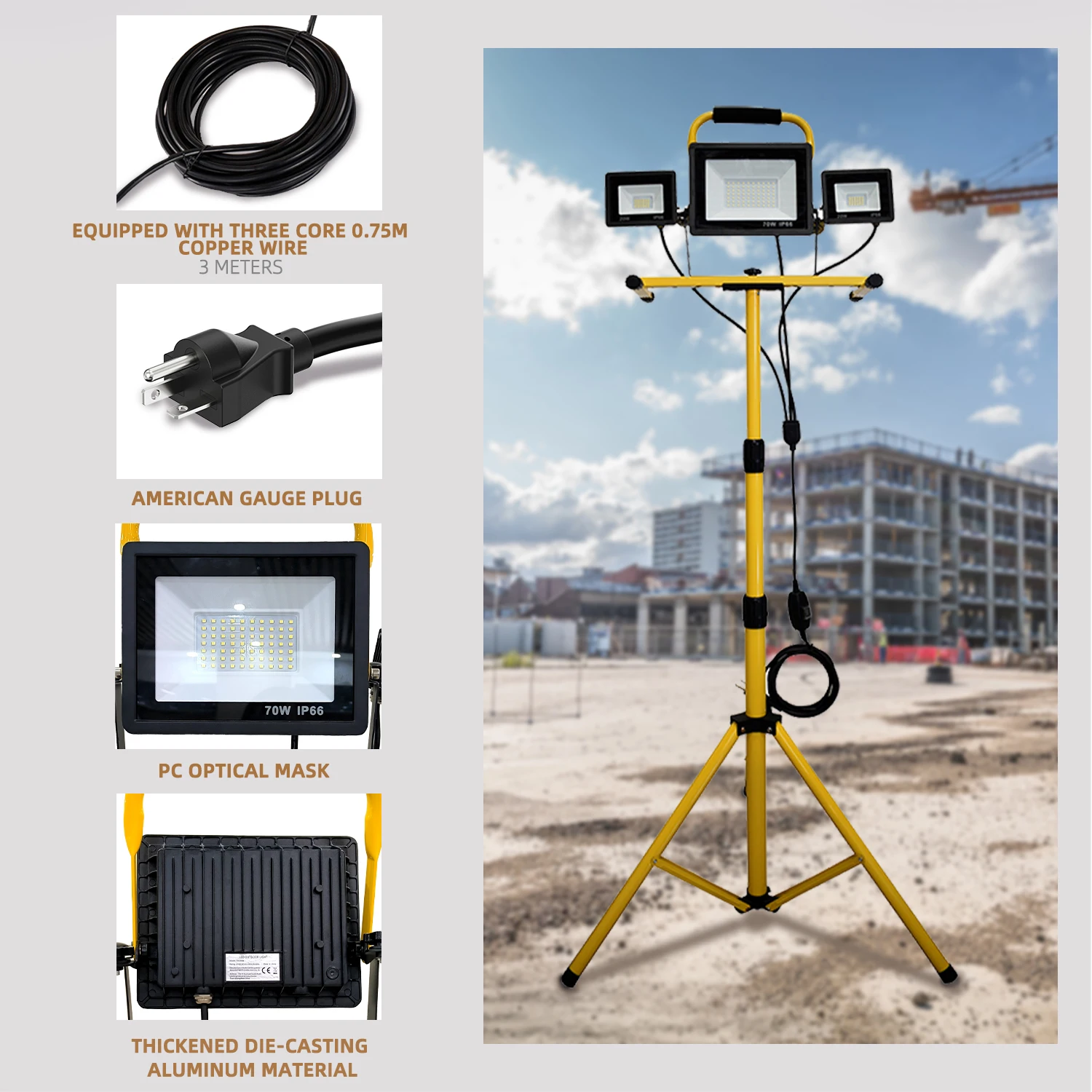 LED Work Lights with Stand - 3 Head Portable Work Light IP66 Waterproof Tripod Worklights for Outdoor Indoor Job Site Workshop