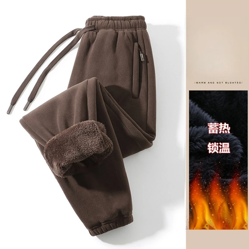 Men's Winter Lamb's Wool Pants Thickened Solid Zip Pocket Double-sided Polar Fleece Knit Sweatpants High Quality Windproof Pants