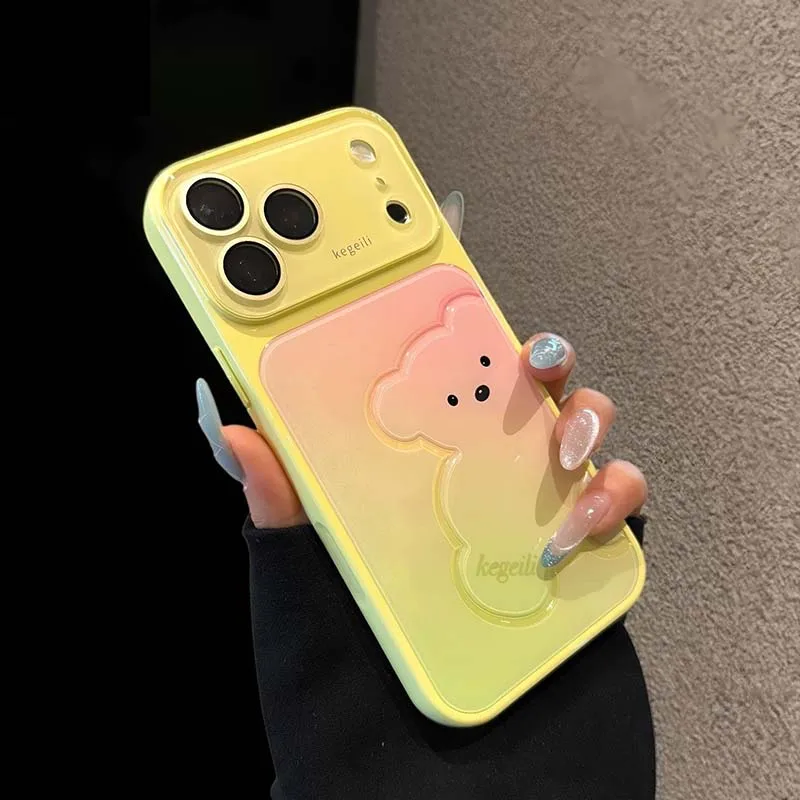 Cute Creative 3D Bear Gradient Phone Case Full Camera Lens Protector Shockproof Glossy Cover for IPhone17 16 15 14 13 Pro Max
