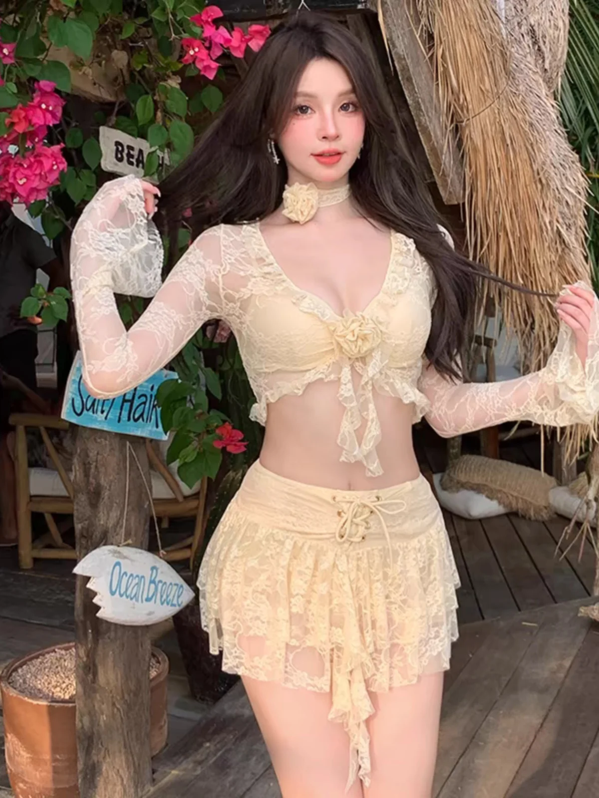 

New Pure Desire Lace Flower Bell Sve Slimming Gathered Hot Spring Vaion Skirt Sle Bikini Separate Swimsuit Women