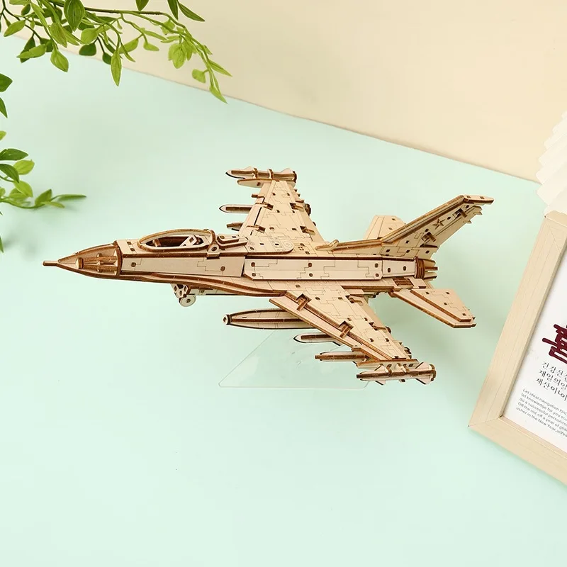 3D Wooden Puzzle Military Fighter Plane Model DIY Assembly Craft Desk Decoration Collectible Ornament Gifts for Boys