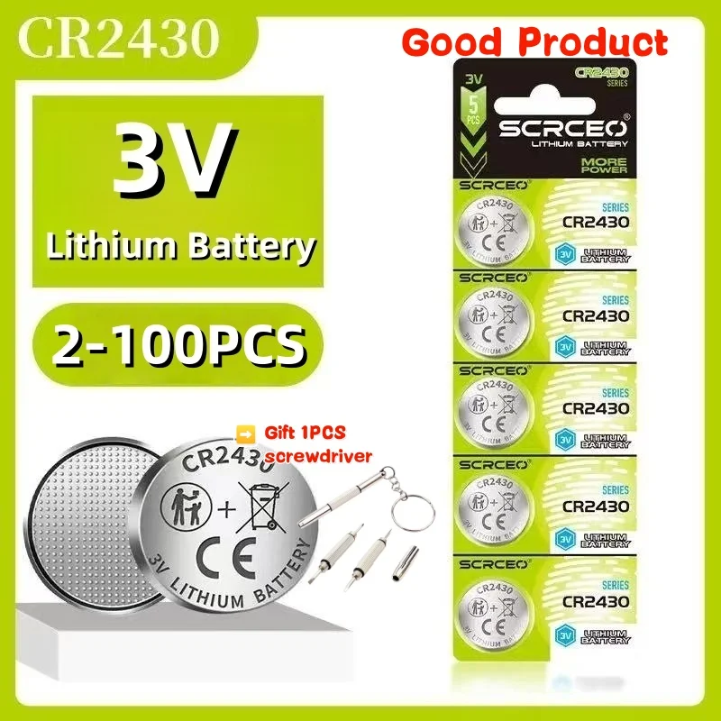 2-100PCS CR2430 3V Lithium Coin Cell, DL2430/BR2430 Button Coin Batteries for Car Key Fob, Watch, Alarm Clock, Remote Control