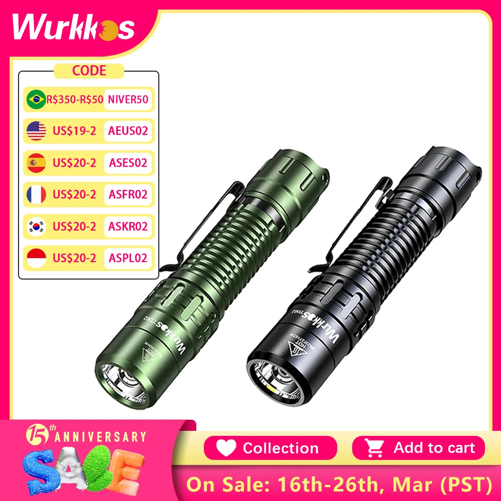 Wurkkos TD02 Tactical Flashlight 2000LM Pocket Torch 18650 Rechargeable EDC Type-C Charging Port Tail Switch IPX8 Waterproof